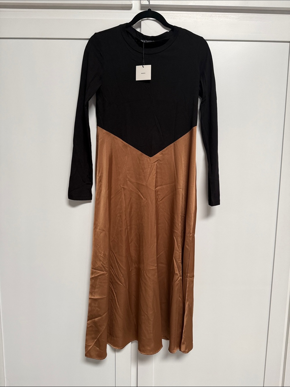 Zara Black and Brown Long Sleeve Two-Tone Midi Dress